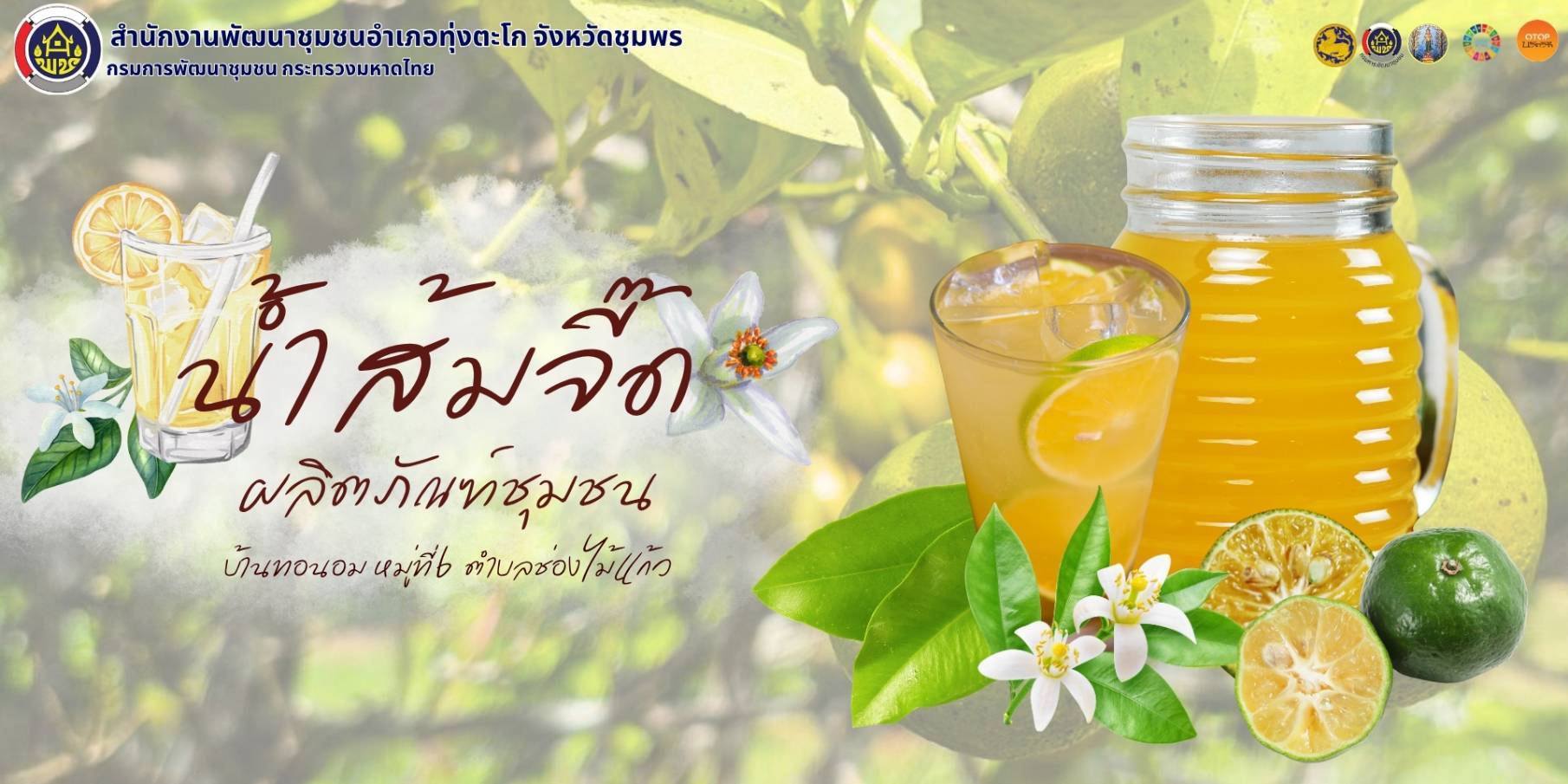 พช.ทุ่งตะโก พาชิม น้ำส้มจี๊ด ผลิตภัณฑ์ชุมชน บ้านทอนอม หมู่ที่ 6 ตำบลช่องไม้แก้ว